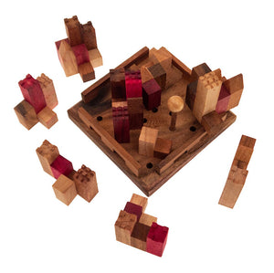 Castles City Planner brain teaser puzzle, wood, handmade 3D puzzle-remove shapes and try rebuild your city.