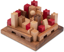 Load image into Gallery viewer, Castles City Planner brain teaser puzzle, wood, handmade 3D puzzle-remove shapes and try rebuild your city.
