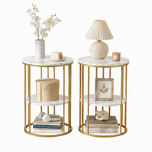 Load image into Gallery viewer, Artiss Side Table Set of 2 Marble Effect Round Coffee Table 2 Tier End Bedside Table Nightstand White&amp;Gold
