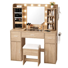 Load image into Gallery viewer, Artiss Dressing Table Vanity Desk LED Mirror Stool Set Charging Station Glass Top Rotating Shelf Wood
