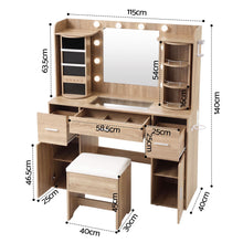 Load image into Gallery viewer, Artiss Dressing Table Vanity Desk LED Mirror Stool Set Charging Station Glass Top Rotating Shelf Wood
