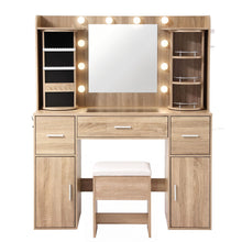 Load image into Gallery viewer, Artiss Dressing Table Vanity Desk LED Mirror Stool Set Charging Station Glass Top Rotating Shelf Wood
