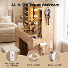 Load image into Gallery viewer, Artiss Dressing Table Vanity Desk LED Mirror Stool Set Charging Station Glass Top Rotating Shelf Wood
