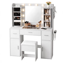 Load image into Gallery viewer, Artiss Dressing Table Vanity Desk LED Mirror Stool Set Charging Station Glass Top Rotating Shelf White
