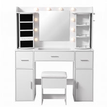 Load image into Gallery viewer, Artiss Dressing Table Vanity Desk LED Mirror Stool Set Charging Station Glass Top Rotating Shelf White
