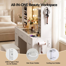 Load image into Gallery viewer, Artiss Dressing Table Vanity Desk LED Mirror Stool Set Charging Station Glass Top Rotating Shelf White
