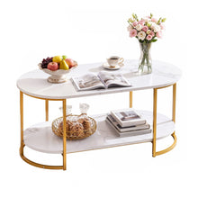 Load image into Gallery viewer, Artiss Coffee Table 2 Tier Oval Marble Finish Storage Shelf Metal Frame Center Table Living Room 100x50x45cm White &amp; Gold
