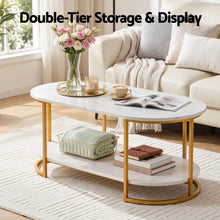 Load image into Gallery viewer, Artiss Coffee Table 2 Tier Oval Marble Finish Storage Shelf Metal Frame Center Table Living Room 100x50x45cm White &amp; Gold
