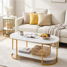 Load image into Gallery viewer, Artiss Coffee Table 2 Tier Oval Marble Finish Storage Shelf Metal Frame Center Table Living Room 100x50x45cm White &amp; Gold
