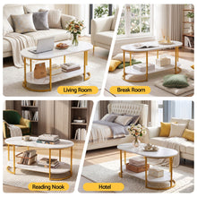 Load image into Gallery viewer, Artiss Coffee Table 2 Tier Oval Marble Finish Storage Shelf Metal Frame Center Table Living Room 100x50x45cm White &amp; Gold
