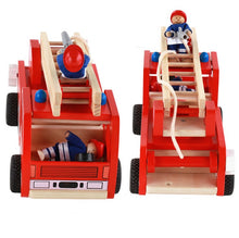 Load image into Gallery viewer, Fire truck toy wooden  with ladder and firemen Fire engine Red 3 years +
