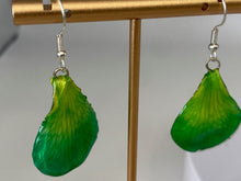 Load image into Gallery viewer, Real Flower Orchid Petal Earrings – Vibrant Green Resin Botanical
