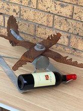 Load image into Gallery viewer, Scrap Metal Helicopter Art &amp; Wine Bottle Holder | Unique Upcycled Auto Part Sculpture | Mens Shed Decor, Bar Accessory, Garden Art
