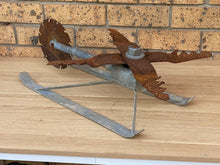 Load image into Gallery viewer, Scrap Metal Helicopter Art &amp; Wine Bottle Holder | Unique Upcycled Auto Part Sculpture | Mens Shed Decor, Bar Accessory, Garden Art
