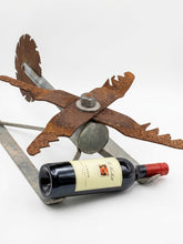 Load image into Gallery viewer, Scrap Metal Helicopter Art &amp; Wine Bottle Holder | Unique Upcycled Auto Part Sculpture | Mens Shed Decor, Bar Accessory, Garden Art
