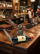 Load image into Gallery viewer, Scrap Metal Helicopter Art &amp; Wine Bottle Holder | Unique Upcycled Auto Part Sculpture | Mens Shed Decor, Bar Accessory, Garden Art
