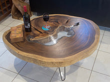 Load image into Gallery viewer, Coffee Table, Round Acacia Saur wood large  112 cm across 91cm width and 9 cm thick, glass inlay feature
