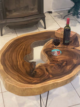 Load image into Gallery viewer, Coffee Table, Round Acacia Saur wood large  112 cm across 91cm width and 9 cm thick, glass inlay feature
