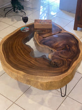 Load image into Gallery viewer, Coffee Table, Round Acacia Saur wood large  112 cm across 91cm width and 9 cm thick, glass inlay feature
