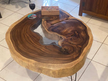 Load image into Gallery viewer, Coffee Table, Round Acacia Saur wood large  112 cm across 91cm width and 9 cm thick, glass inlay feature
