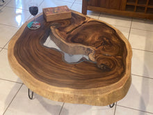 Load image into Gallery viewer, Coffee Table, Round Acacia Saur wood large  112 cm across 91cm width and 9 cm thick, glass inlay feature
