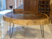 Load image into Gallery viewer, Coffee Table, Round Acacia Saur wood large  112 cm across 91cm width and 9 cm thick, glass inlay feature
