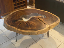 Load image into Gallery viewer, Coffee Table, Round Acacia Saur wood large  112 cm across 91cm width and 9 cm thick, glass inlay feature
