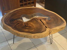 Load image into Gallery viewer, Coffee Table, Round Acacia Saur wood large  112 cm across 91cm width and 9 cm thick, glass inlay feature
