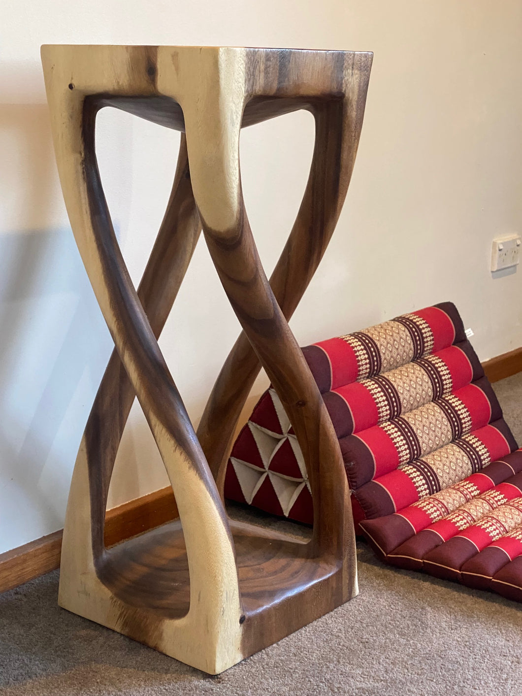 Side table 76cm Acacia Wood intricate swirl design Side Table, Corner Table, Bar stool stained.