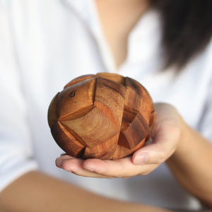 Brain teaser puzzle 3D hand made - Football round natural wood for kids or adults