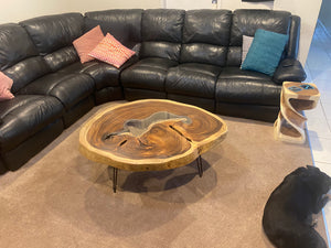 Coffee Table, Round wood large  112 cm across 91cm width and 9 cm thick, glass inlay feature