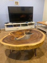 Load image into Gallery viewer, Coffee Table, Round wood large  112 cm across 91cm width and 9 cm thick, glass inlay feature
