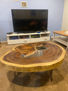 Coffee Table, Round wood large  112 cm across 91cm width and 9 cm thick, glass inlay feature