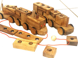 Pull along wooden train with 26 Piece, educational shapes jig-saw wooden toy.