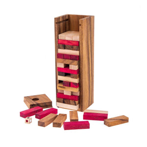 Stacking tumbling blocks wood Red colours balance game with dice play options handmade stacking Fun Board Games Kids Ages 4 to Adults