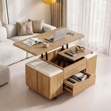 Load image into Gallery viewer, Fittro 3-in-1 Lift Top Coffee Table with 4 Chairs, Dining Table Work Desk Built-in Storage, Hydraulic Swivel, Lockable Castors, Space-Saving for Living Rooms &amp; Flats, Apartments

