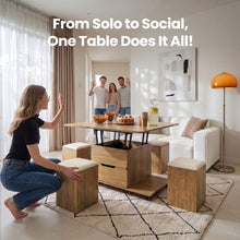 Load image into Gallery viewer, Fittro 3-in-1 Lift Top Coffee Table with 4 Chairs, Dining Table Work Desk Built-in Storage, Hydraulic Swivel, Lockable Castors, Space-Saving for Living Rooms &amp; Flats, Apartments
