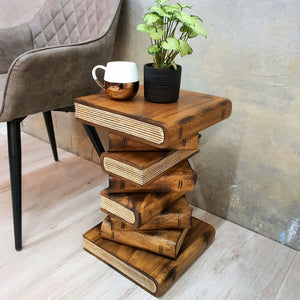 Book Stack Side Table, corner Stool, Plant Stand Raintree Wood Natural Finish.