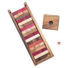 Load image into Gallery viewer, Stacking tumbling blocks wood Red colours balance game with dice play options handmade stacking Fun Board Games Kids Ages 4 to Adults
