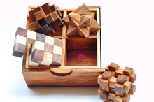 Load image into Gallery viewer, Brainteaser wooden puzzles set of 4 in a gift box.
