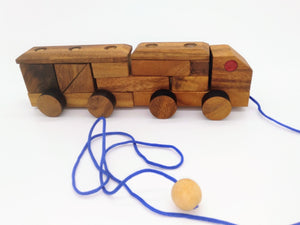 Toy Truck wood handmade carriage and 12 wooden puzzle shapes with pull along string
