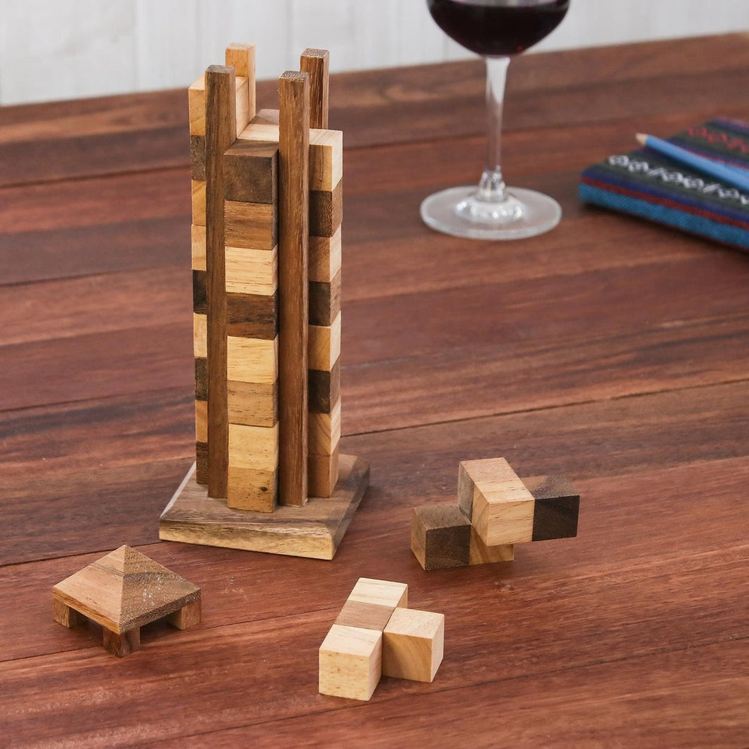 Hand Made Wood Stacking Tower Puzzle Game from Thailand - stacking advanced Tower