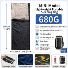 Load image into Gallery viewer, Ultralight 1.5lbs Sleeping Bag 50-70°F for Warm Weather
Waterproof nylon shell, breathable polyester fill, 2-way zipper for double bag use, machine washable, for teens &amp; adults(black)
