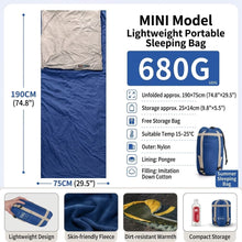 Load image into Gallery viewer, Ultralight 1.5lbs Sleeping Bag 50-70°F for Warm Weather
Waterproof nylon shell, breathable polyester fill, 2-way zipper for double bag use, machine washable, for teens &amp; adults(black)
