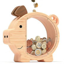 Load image into Gallery viewer, Wooden Piggy Bank for Kids Cute Money Bank for Boys and Girls Clear Wood Money Box Personalized Saving Money Jar, Creative Present for Children Birthday Chrismas &amp; Decor (Naturl Wood, Standard)
