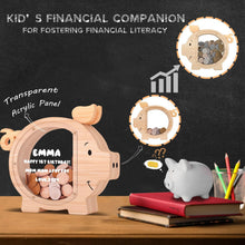 Load image into Gallery viewer, Wooden Piggy Bank for Kids Cute Money Bank for Boys and Girls Clear Wood Money Box Personalized Saving Money Jar, Creative Present for Children Birthday Chrismas &amp; Decor (Naturl Wood, Standard)
