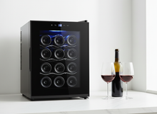 Load image into Gallery viewer, 12 Bottle Thermoelectric Wine Fridge, 65W, UV Protected Glass Door, Soft LED Illumination
