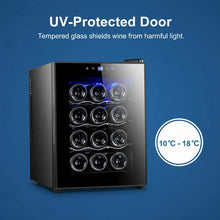 Load image into Gallery viewer, 12 Bottle Thermoelectric Wine Fridge, 65W, UV Protected Glass Door, Soft LED Illumination
