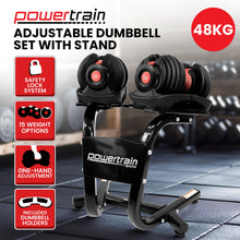 Load image into Gallery viewer, Powertrain 48kg Adjustable Dumbbells Set with Stand, Quick Dial Free Weights for Home Gym Strength Training - Red

