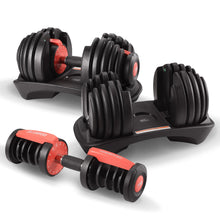 Load image into Gallery viewer, Powertrain 48kg Adjustable Dumbbells Set with Stand, Quick Dial Free Weights for Home Gym Strength Training - Red
